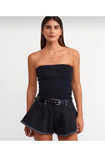 Dilvin Siyah Straplez Crop Top