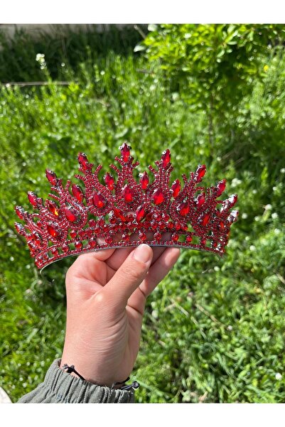 ANZE Kırmızı Yüksek model kristal taşlı gelin tacı ???