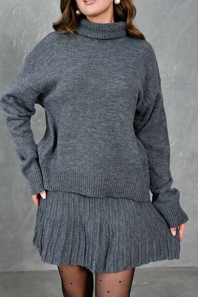 bayansepeti Gray Turtleneck Oversize Knitwear Sweater and Pleated mini Skirt Set - 9903