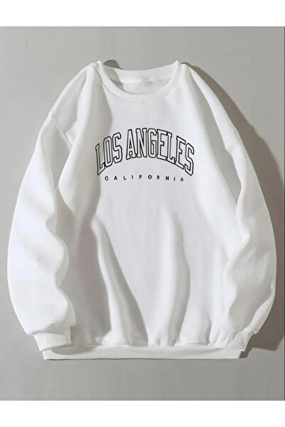 ROYAL FASHİON Oversize Bisiklet Yaka Siyah LOS ANGELES Baskılı Sweatshirt