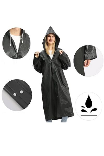 Kuzey 10 ΤΕΜ Unisex Outdoor Raincoat - Μαύρο αδιάβροχο με καπέλο πρώτης ποιότητας και κουμπώματα