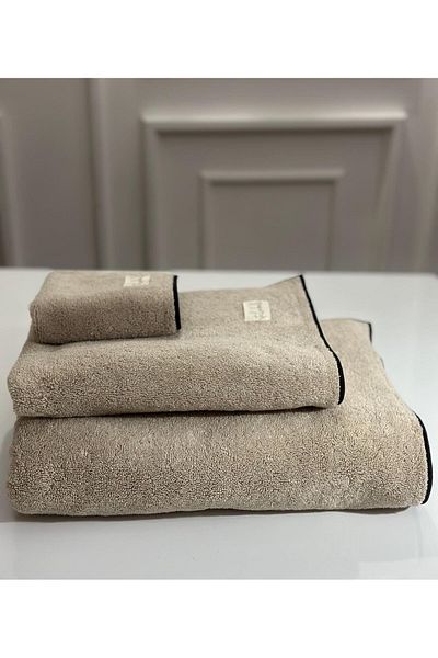 Stella Belli Beige Color 100% Cotton 3-Piece Bath Towel Set, Special Treated Edge Black for Hotel and Beach