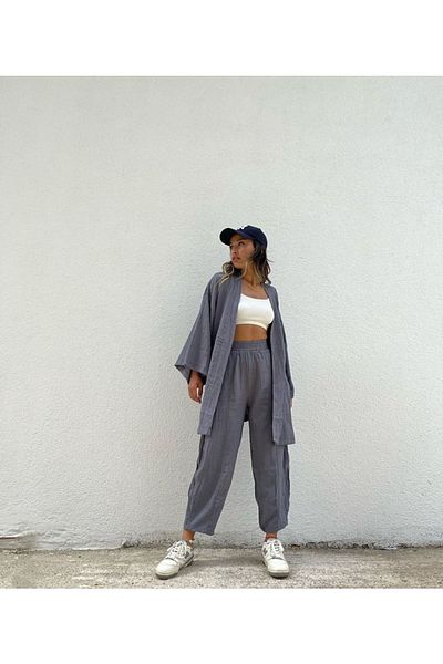 Tommes Butik Seersucker Women's Kimono Set - Gray