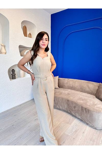 devesta Linen Jumpsuit - Cream Belt Detail