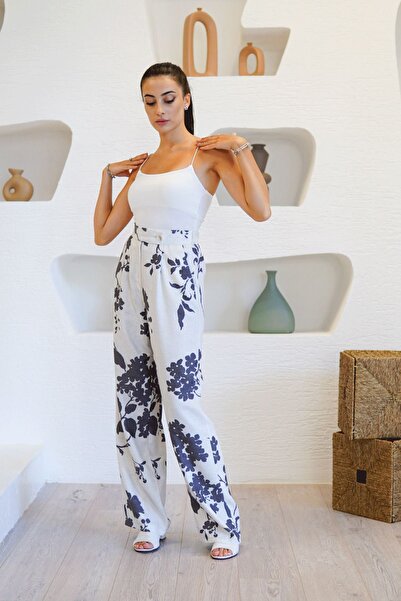 devesta Siyah Çiçek Desenli Yüksek Bel Detaylı Pantolon