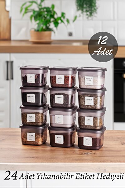 Porsima Org-430 12li Etiketli Kare Baharatlık Bakliyat Erzak Saklama Kabı Set...