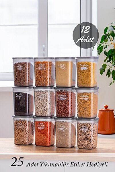 Porsima 431-GR طقم حاوية تخزين البقوليات متعددة الأغراض مكون من 12 قطعة مع غطاء وملصق 1.30 لتر - رمادي