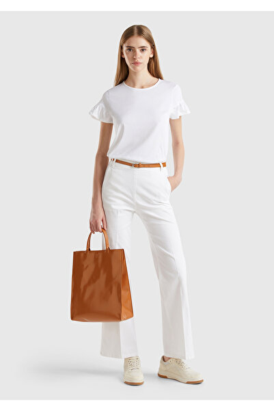 United Colors of Benetton Kadın Beyaz Pamuk Karışımlı Rahat İspanyol Paça Pantolon