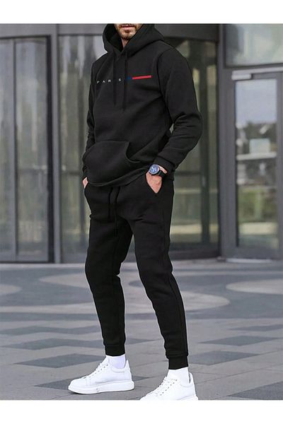 Mythologie Paris Stripe Tracksuit - Black Printed Suit Jogger Sweatshirt Elastic Leg Hooded