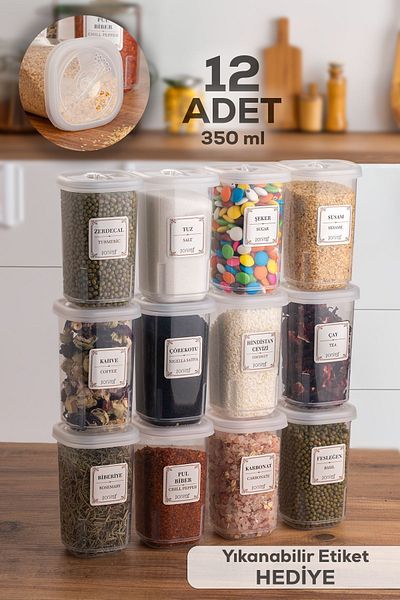 Porsima 1060 12-Piece Spice Jar Set with Lock Lid Label - Spice Jar - Storage Container - 350ml