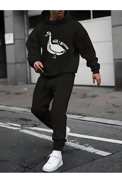 Mythologie Duck Goose Tracksuit Set - Black Printed Suit Jogger Sweatshirt Rubber Leg Hooded