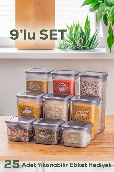 Porsima 433-GR-3 Set of 9 Square Label Food Food Food Spice Storage Container 3x(0.60+1.30+1.90) Lt Gray