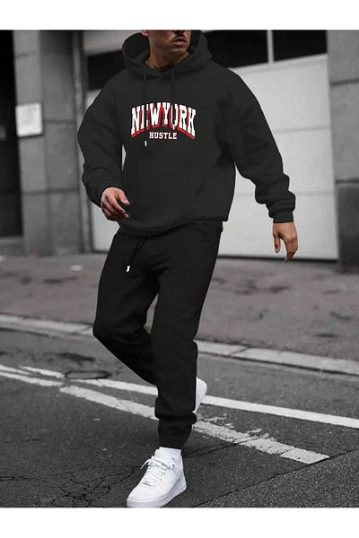 Mythologie New York Hustle Tracksuit - Black Printed Suit Jogger Sweatshirt Elastic Leg Hooded