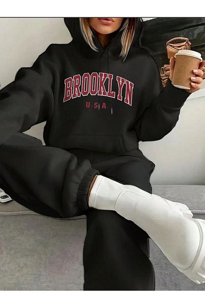Mythologie Brooklyn USA Tracksuit - Black Printed Suit Jogger Sweatshirt Elastic Leg Hooded