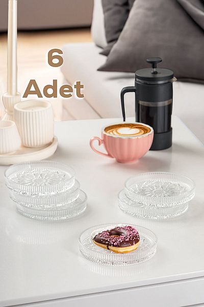 Porsima Elusia Patterned Upright Plate - 6-Piece Glass Serving Dish and Pastry Cookie Cake Catering Plate - 12 cm