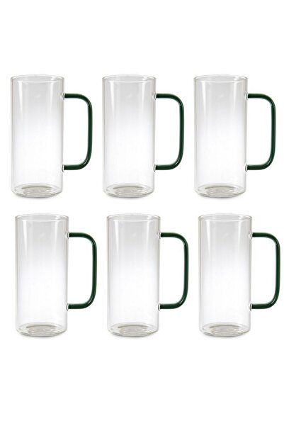 Kitchen Design Lab Yeşil Renk Yuvarlak Cam Neskafe, Latte, Kahve Bardak Kulplu Kupa Çeyiz Listesi 400 ml 6 Adet