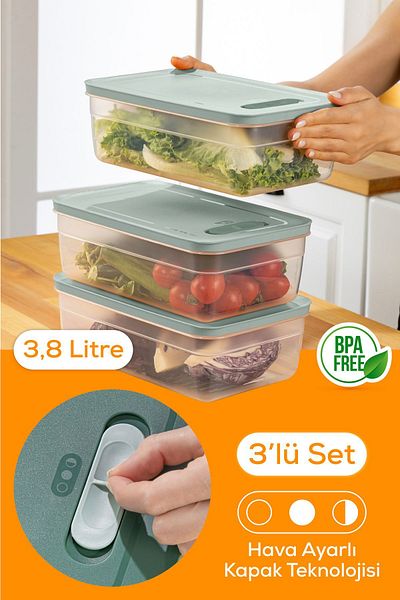 Vienev Mint 3.8 Liter - Set of 3 Adjustable Vegetable and Fruit Storage