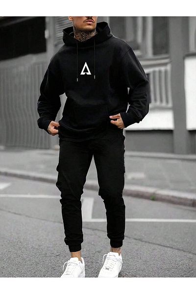 Mythologie Prismatic Triangle Tracksuit - Black Printed Suit Jogger Sweatshirt Elastic Leg Hooded