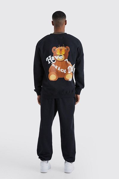 Mythologie Flame-Eyed Bear Tracksuit Set - Black Printed Suit Jogger Sweatshirt Elastic Leg Crew Neck