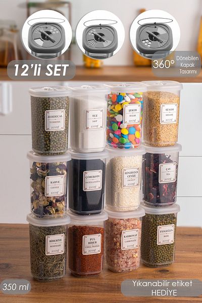 Porsima 1060 12-Piece Spice Jar Set with Lock Lid Label - Spice Jar - Storage Container - 350ml
