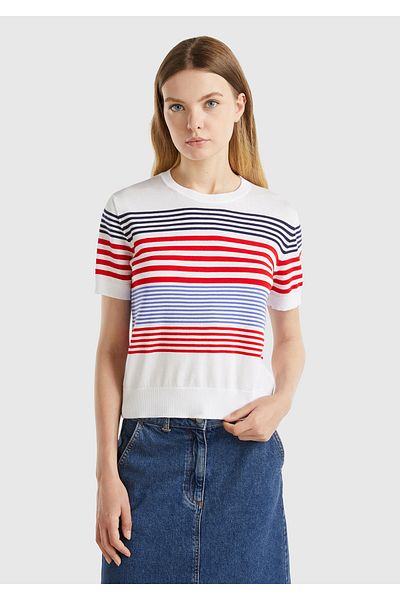 United Colors of Benetton Woman's 100% cotton striped sweater with logo detail on the back and three quarter sleeves
