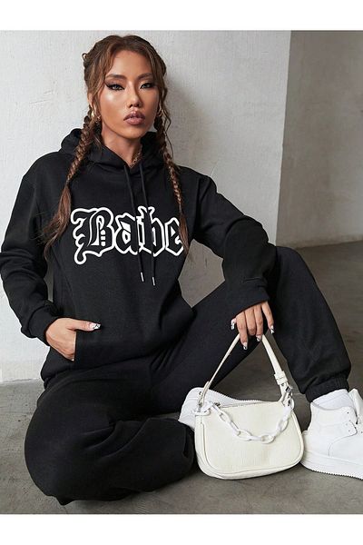 Mythologie Babe Tracksuit Set - Black Printed Bottom Top Set Jogger Sweatshirt Rubber Leg Hooded