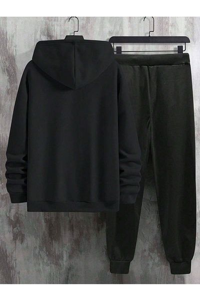 Mythologie Paris Stripe Tracksuit - Black Printed Suit Jogger Sweatshirt Elastic Leg Hooded