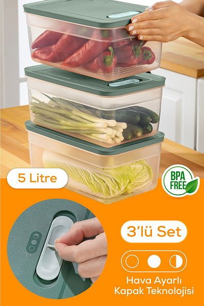 Vienev Green 5-Liter 3-Piece Adjustable Vegetable and Fruit Storage Container