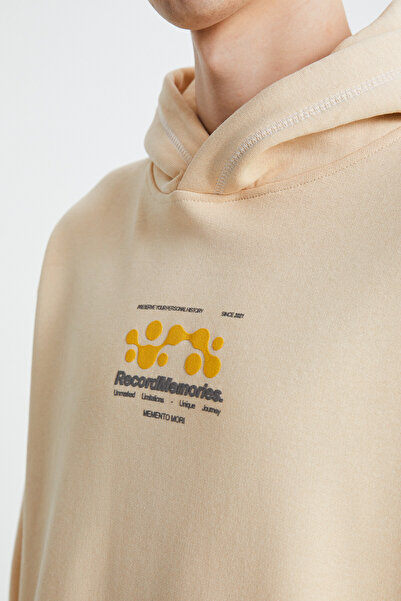 GRIMELANGE Ανδρικό φούτερ HELMUT με κουκούλα 3 κλωστών σε μπεζ χρώμα