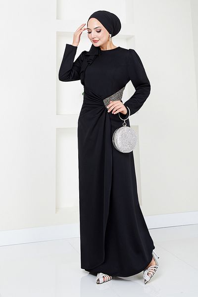 ModaMerve Rochie Hijab Drapată Neagră - 5026SL890-M