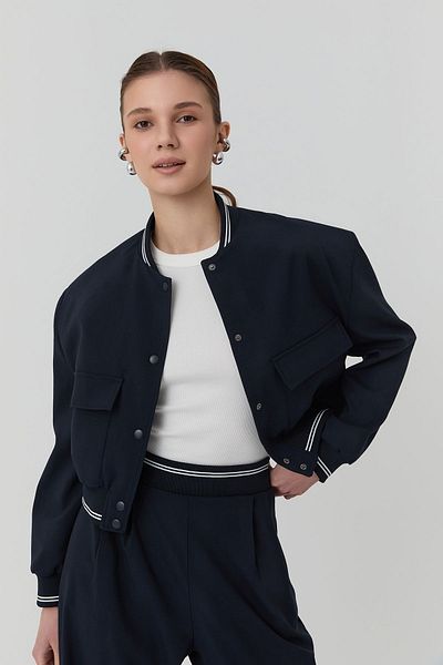 Quzu Rib Detailed Big Pocket Bomber Jacket Navy Blue