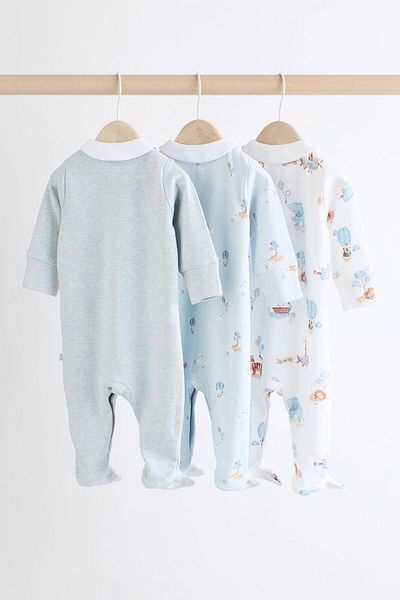 Next Baby Blue Elephant Patterned Baby Collar 100% Cotton 3-Piece Overalls Set