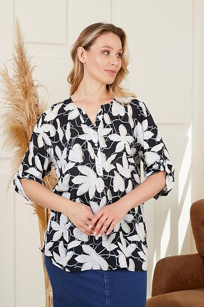 RMG Plus Size Patterned Voile Viscose Black Blouse - Sleeve Epaulet Detail