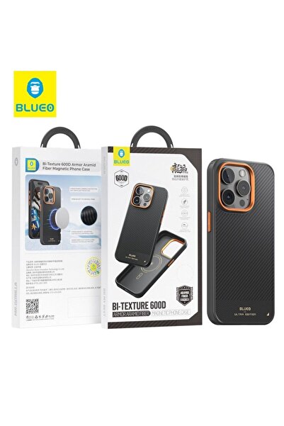 BLUEO حافظة هاتف آيفون 15 برو ذات ملمس مزدوج من الألياف 600 دي أسود - برتقالي