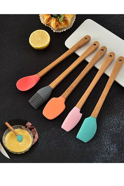 Store Set of 5 Colorful Bamboo Handle Silicone Tip Spatula Brush Spoon Set
