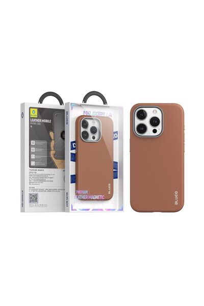 BLUEO İphone 15 Pro Magsafe Uyumlu Deri Premium Kahverengi Telefon Kılıfı