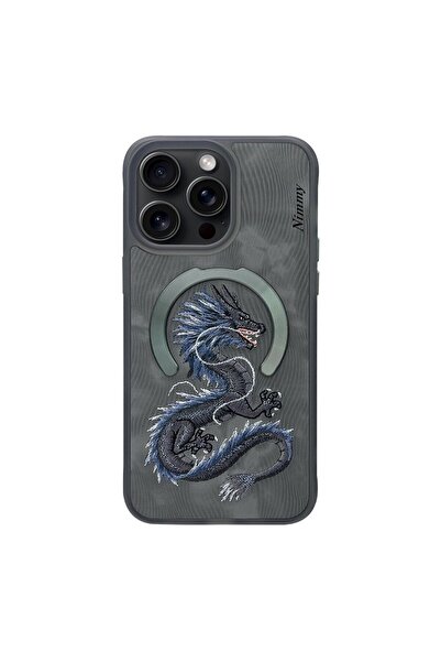 Nimmy İphone 15 magsafe Uyumlu Dragon serisi Nakış Işlemeli detaylı 3d Gri Te...