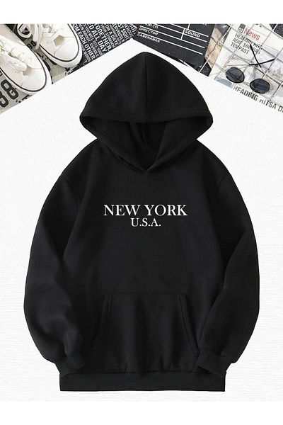 BENROMA Черен суитшърт с качулка и щампа New York USA