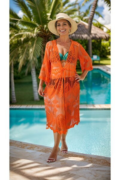 prontoihracat İthal Mercan ,italyan Dantel Plaj Elbisesi, Kimono,pareo