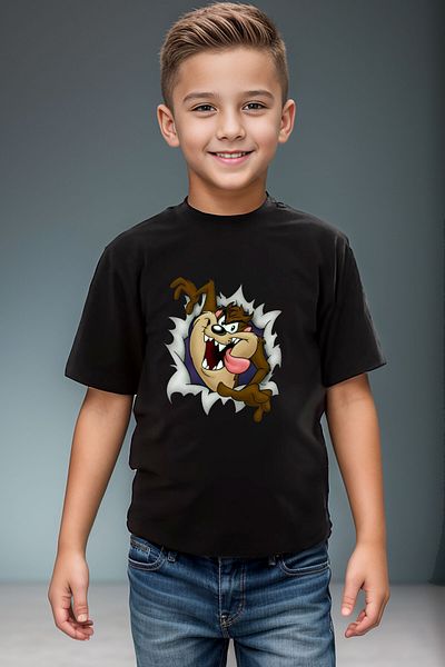 WİDİ Tricou negru pentru fete și băieți, 100% bumbac, cu imprimeu Tasmania