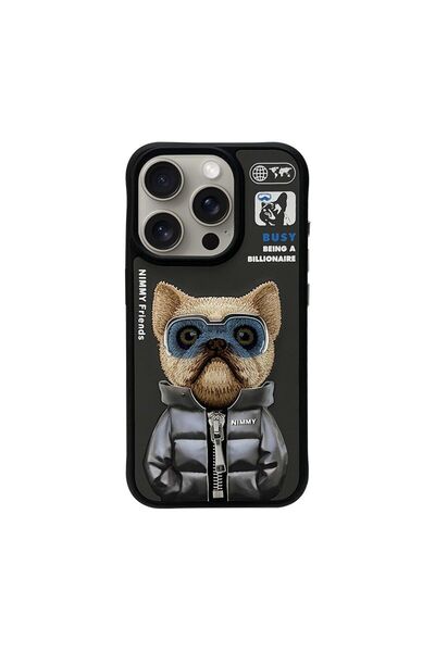 Nimmy حافظة لهاتف آيفون 14 برو ماكس دوج سيريز باللون الأسود مع تفاصيل مطرزة