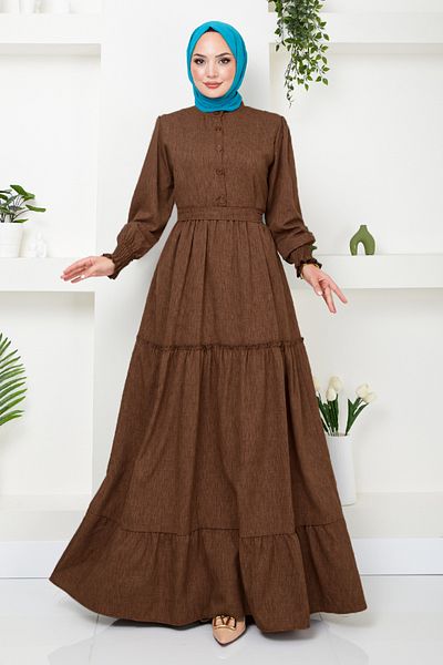 ModaMerve Brown Linen Dress - Frilly Skirt 4719ZNK903-M