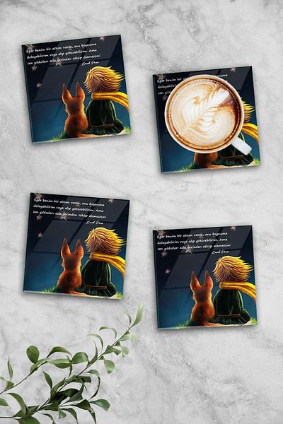 Decorita Stars Patterned Little Prince Glass Coaster - Set of 4 10cm x 10cm