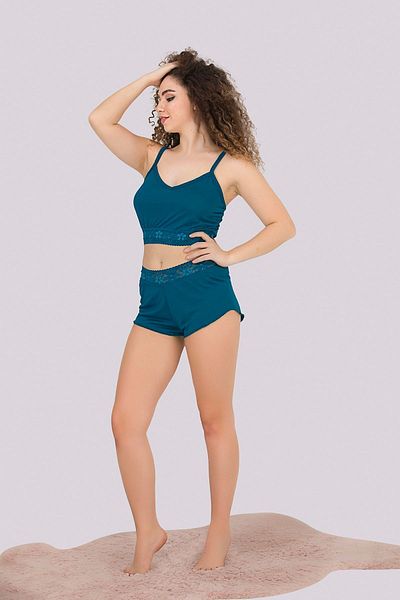 MyBen Set de pijamale de damă, culoare petrol, cu detaliu din dantelă deasupra burticii și pantaloni scurți cu bretele 341