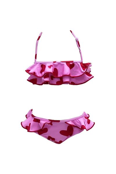 LOOK ME Halter Neck Adjustable Strap Heart Print Ruffled 50Uv Girls' Bikini Set by Nessi Byrd