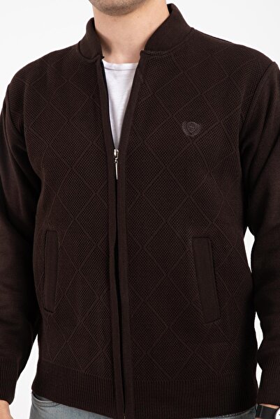 Mutlu City Ανδρικά πλεκτά μεσήλικας και άνω πλεκτά ακρυλικά φερμουάρ Winter Dad Cardigan 2073-καφέ χρώμα