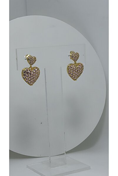 By Semra LUXURY VİP SERİ PEMBE ZİRKON TAŞLI KALP MODEL ÇELİK KÜPE