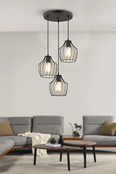 NisaLuce Nisa Luce Burgaz Modern 3 lü Metal avize siyah