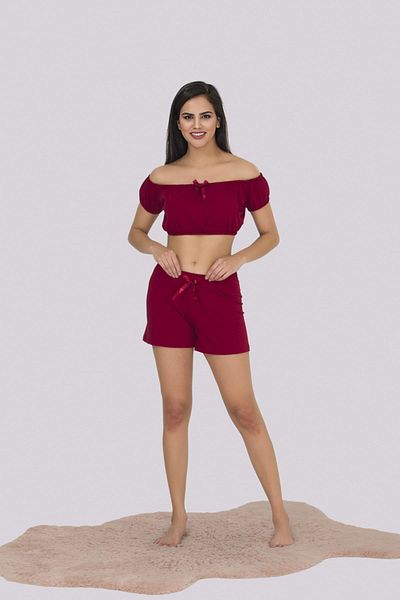 MyBen Set de pijamale pentru damă, roșu Claret, fără bretele, cu pantaloni scurți detaliați 372