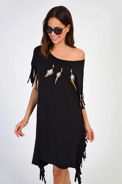 TRQOM Rochie de damă neagră cu guler evazat și imprimeu cu pene de eider cu ciucuri
